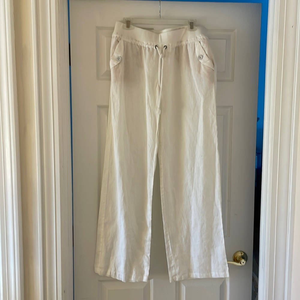 White cotton summer elastic waist drawstring pants